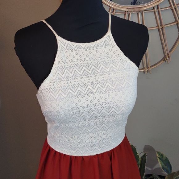Tobi Burnt Orange with Creamy Lace Halter Top Mini Swing Dress Sz S‎ - Picture 2 of 13